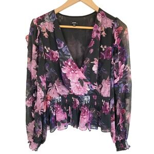Express Conscious Edit Floral Smocked Peplum Wrap Top Purple Black Medium